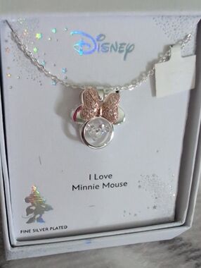 Disney Minnie Mouse Rose Gold Bow Silver Pendant Necklace